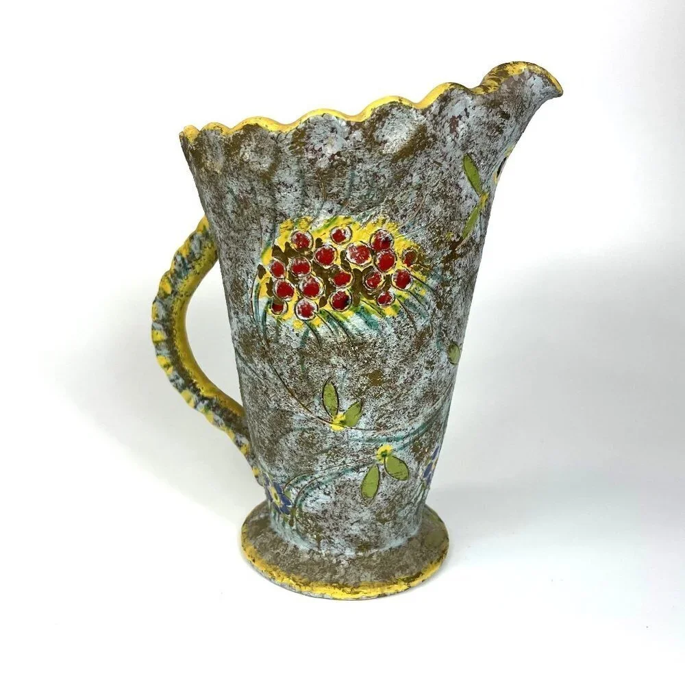 Mid century Modern Lava glaze Sgraffito Pitcher Berries